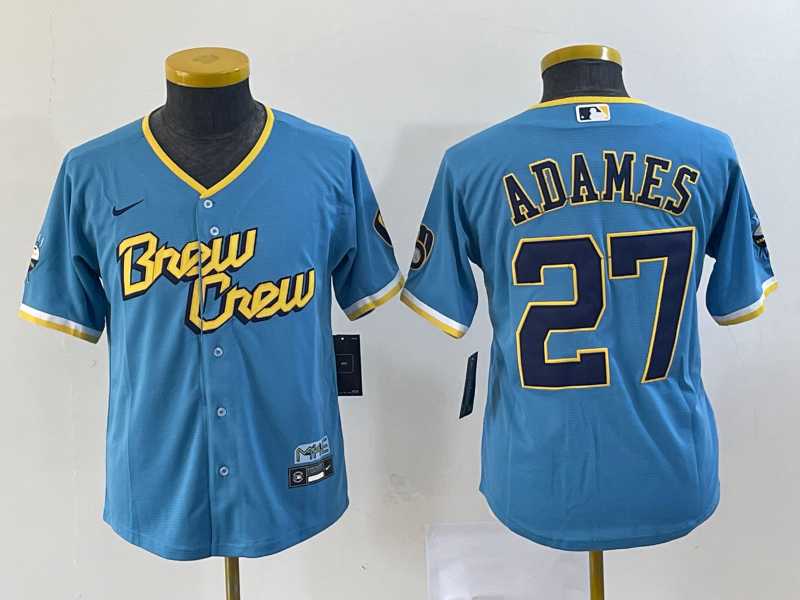 Youth Milwaukee Brewers #27 Willy Adames Blue 2022 City Connect Cool Base Stitched Jersey,We sell and wholesale Youth Milwaukee Brewers #27 Willy Adames Blue 2022 City Connect Cool Base Stitched Jersey on line form chian!